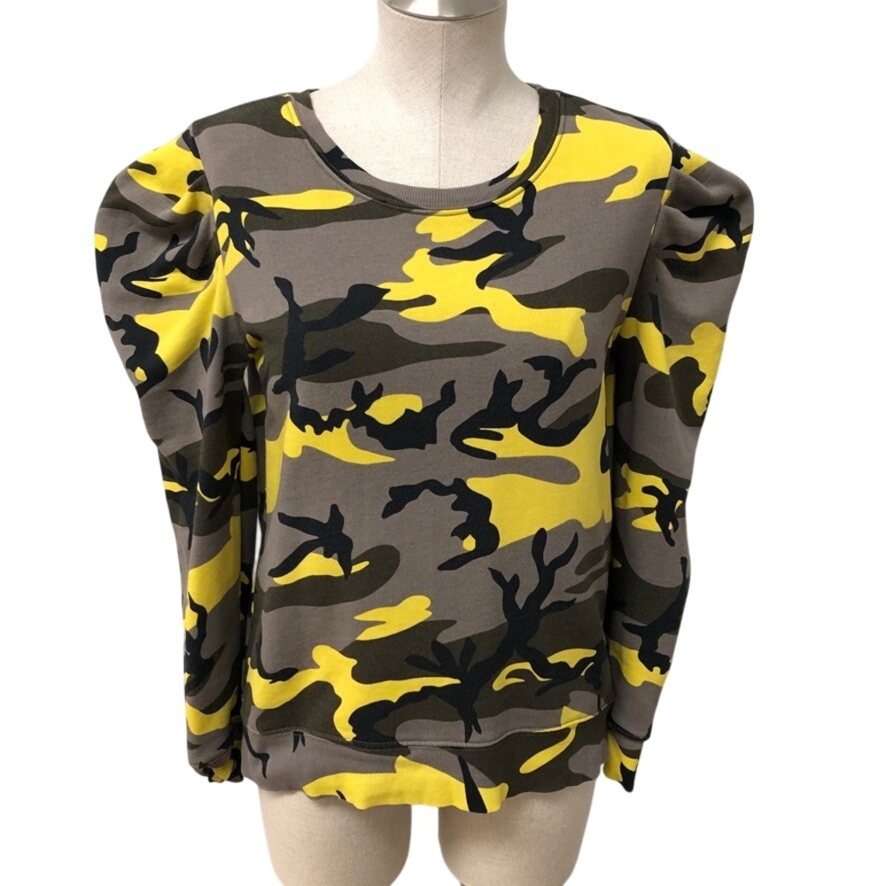 Pam & Gela Sweatshirt Womens Small Yellow Green Camo Puff Sleeve Pullover